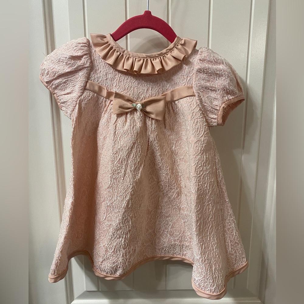 Pink dress for infant I pastel pink ruffle and bow nylon dress I 6 month dress